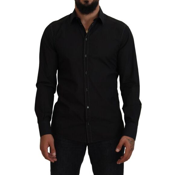 Dolce & Gabbana Other - Dolce & Gabbana Black Cotton Collared Long Sleeve GOLD Men's Shirt